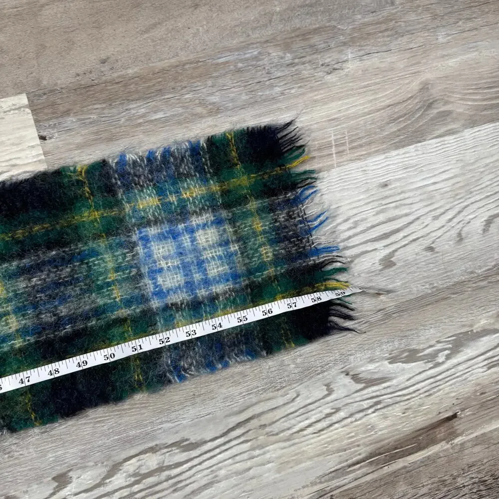 Foxford Green Blue Plaid Mohair Wool Scarf Fringe Cozy Winter